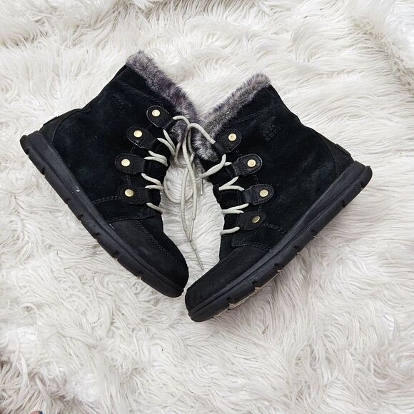 Sorel Explorer Joan Winter Boot Black Lightweight Waterproof Suede Womens Sz 8 - Picture 2 of 6